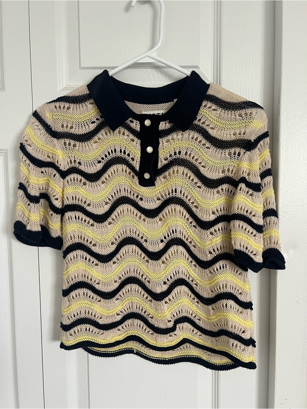 KOTN Wavy Knit Polo Top in Black, Cream & Yellow